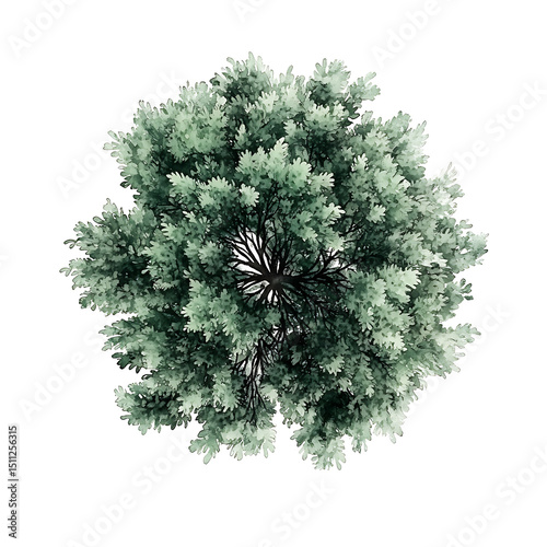 Overhead View of a Green Leafy Tree Isolated on White Background Showing Detailed Branch Structure and Dense Foliage with Natural Shadow and Light