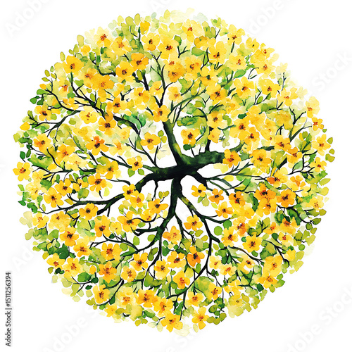 Overhead View Watercolor Illustration Of A Flowering Yellow Tree Isolated On White Background Illustrating Natural Growth And Vibrant Floral Details