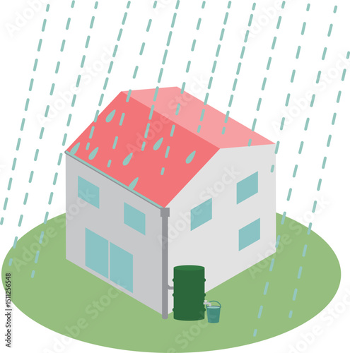 アイソメトリックな雨水タンクのある家のイラスト素材