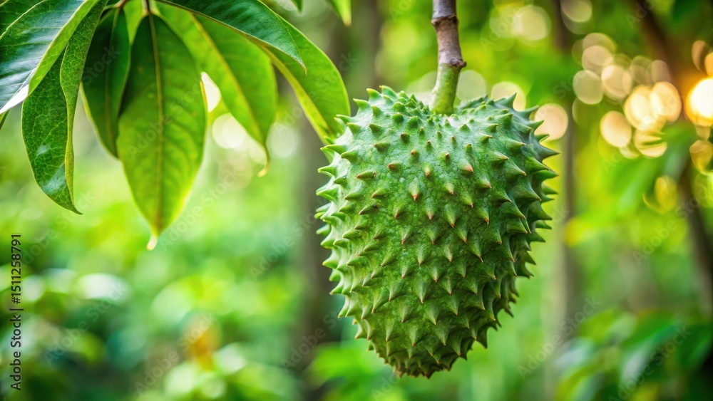 Green soursop fruit hanging from a lush green soursop tree branch in tropical jungle surroundings Green soursop fruit hanging from a lush green soursop tree branch in tropical jungle surroundings
