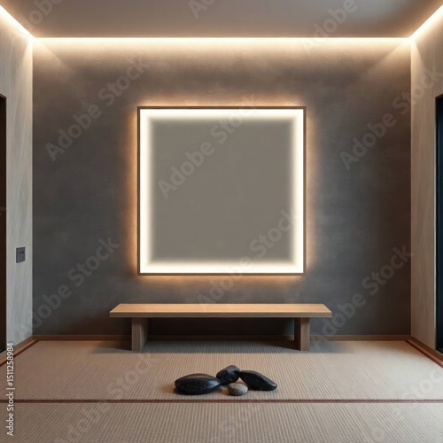 Mockup poster frame on a minimalist wall with warm LED lighting and a wooden bench, evoking a serene and modern interior design aesthetic
