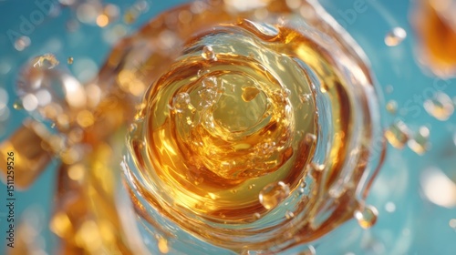 Golden liquid swirling in a glass, viewed from above with a vibrant blue background