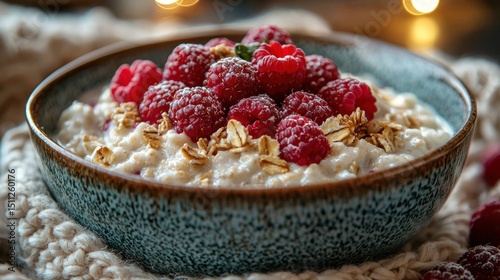 Oatmeal topped with raspberries and sprinkled with sugar photo