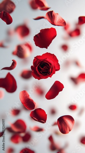 Red rose petals and a full bloom rose falling against a soft background