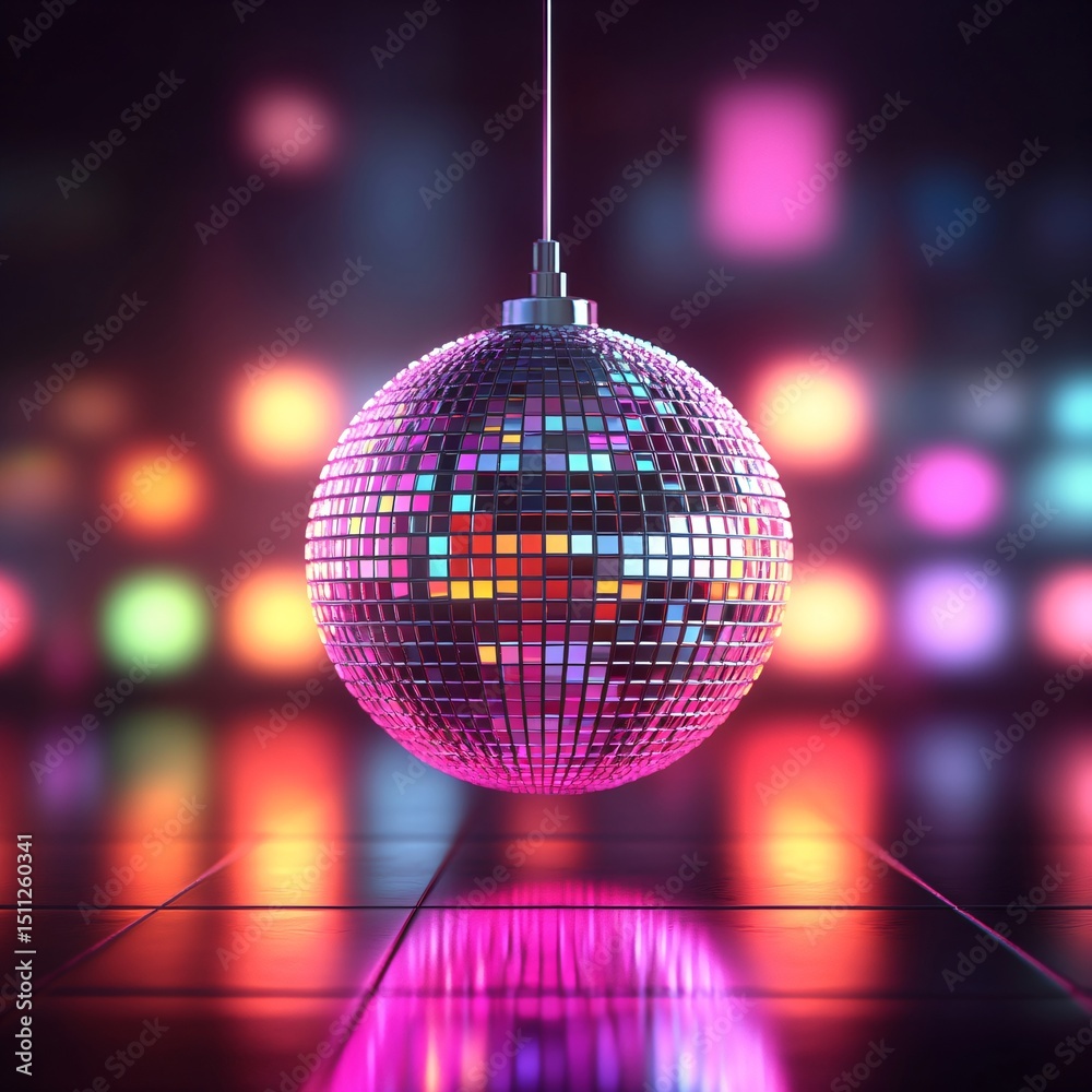 Obraz premium Reflective disco ball hanging in a dimly lit club. Shiny party decoration for retro celebration. Colorful lights on dark background.