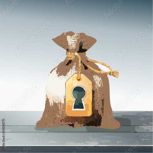 A rustic burlap sack with a rope tie and house keyhole tag, sitting on a dark wooden surface, symbolizing savings or investment.