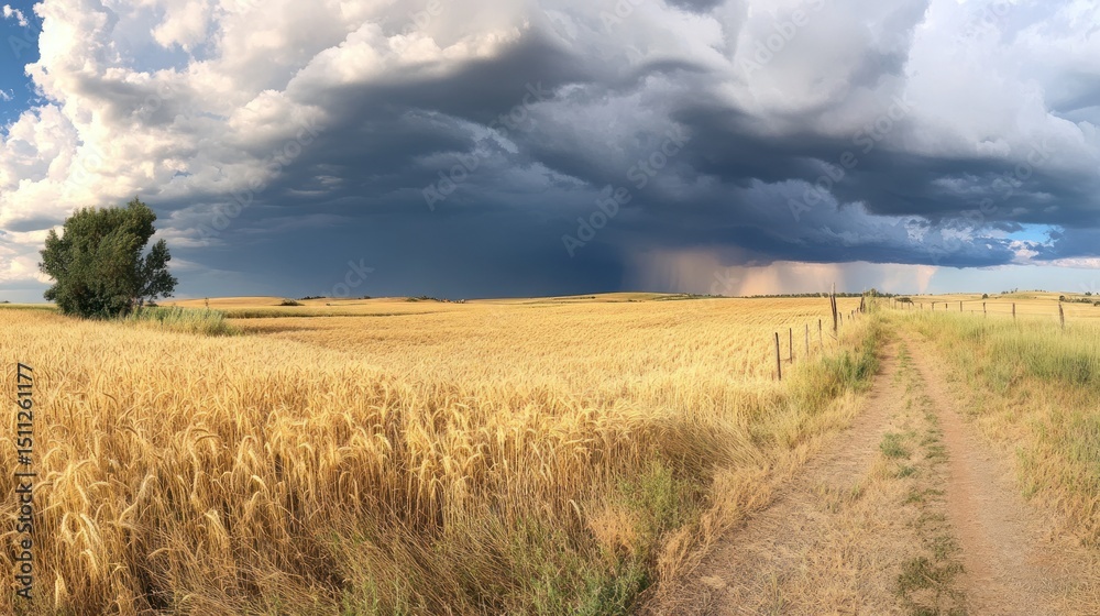 Obraz premium Golden wheat field under a dramatic storm cloud