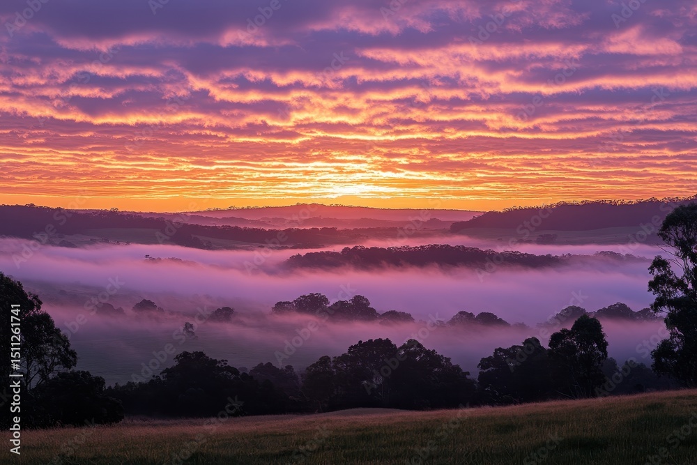 Fototapeta premium Scenic landscape with fog blanketing the hills at beautiful sunrise. It can be used for travel, nature, and spiritual themes.