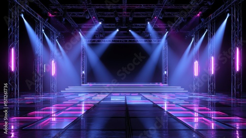 Empty stage with vibrant lighting and reflective floor, set for a performance or event.