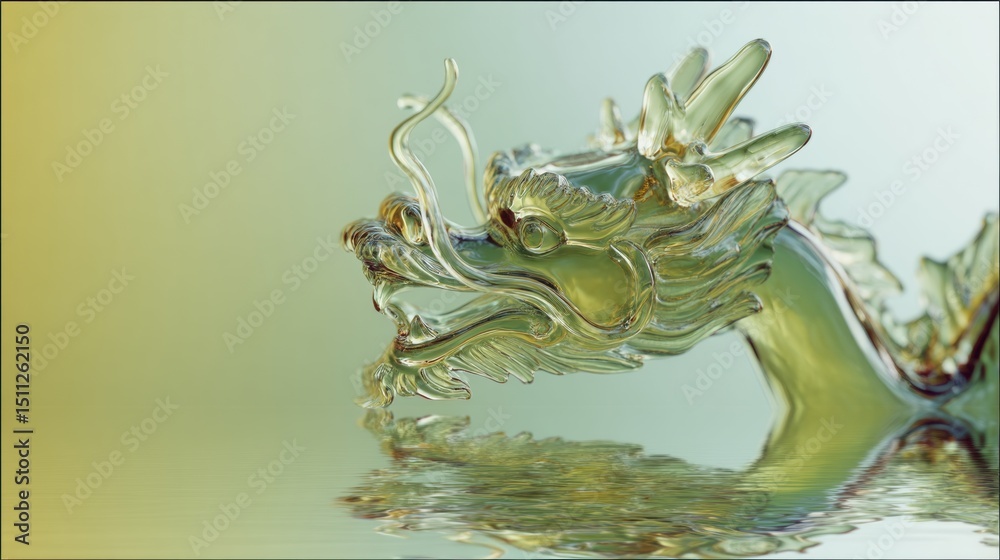 Fototapeta premium Reflective Glass Dragon Sculpture with Water Reflection