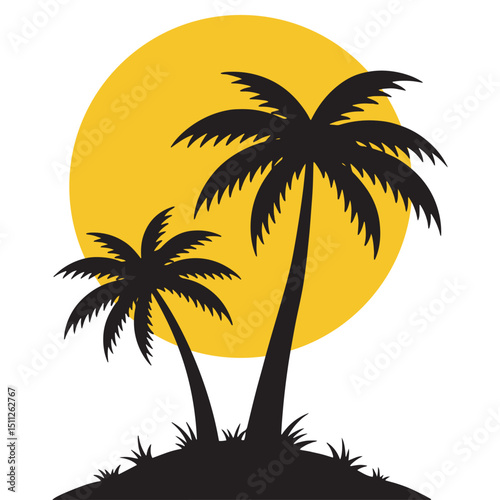Tropical Palm Trees and Sun Silhouette Vector on White Background