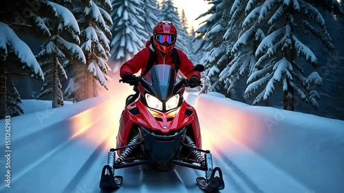 A man in a helmet rides a snowmobile along a road in a snowy forest, the headlights of the snowmobile illuminate the path, the concept of extreme sports and active winter recreation