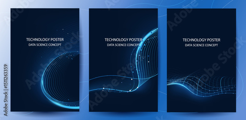 Technology Banner Poster set. Futuristic digital data wave glowing lines. Data science concept tech banner, corporate business presentation or booklet technology