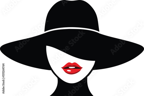 Mysterious woman: A portrait of a woman in a large, black hat, her face partially concealed, adding an air of mystery, with vibrant red lips.