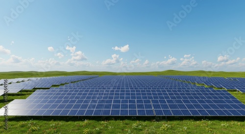 Solar panel farm renewable energy green field blue sky view