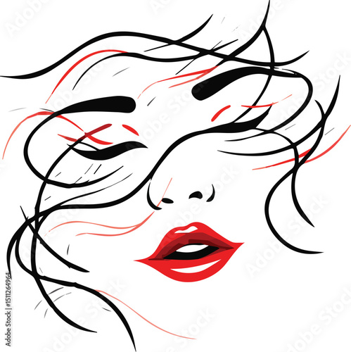 Whispers of Beauty: An artistic line drawing captures a serene and expressive female face with closed eyes, vivid red lips and flowing hair, and hints of inner thoughts.