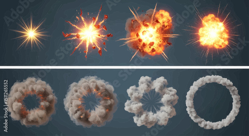 Eight distinct phases of an animated explosion, set against a pale blue-grey background, featuring turbulent red and orange flames and dark smoke trails. vector