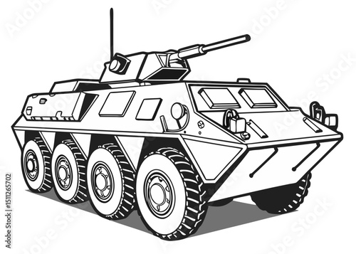 clean vector of 8-wheel military transport vehicle with mounted weapon, isolated on white
