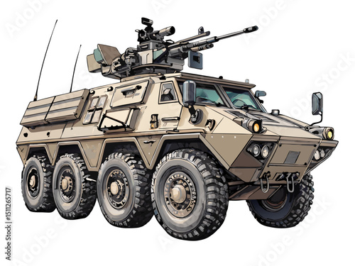 clean vector of 8-wheel military transport vehicle with mounted weapon, isolated on white
