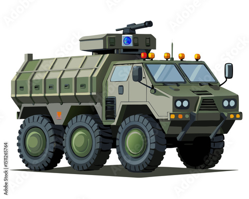 clean vector of 8-wheel military transport vehicle with mounted weapon, isolated on white
