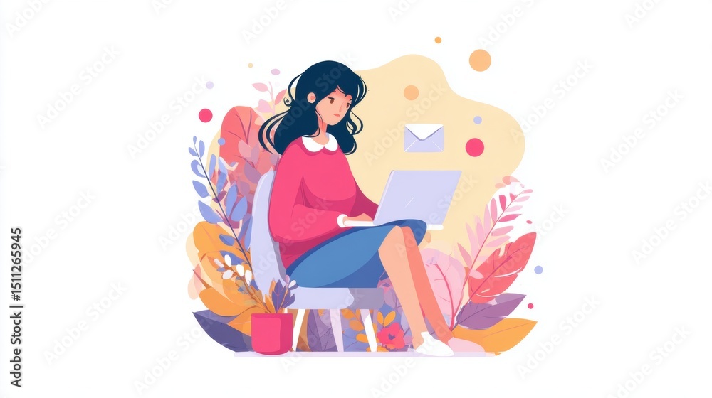 Obraz premium Illustration of a woman working on a laptop surrounded by colorful leaves and abstract shapes