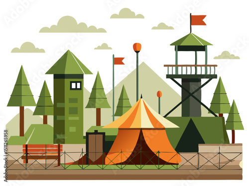 military camp with guard tower, fences, and tents, stylized clean vector on white
