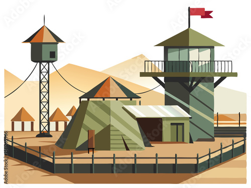 military camp with guard tower, fences, and tents, stylized clean vector on white
