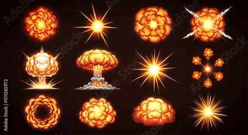 An animation-style explosion effect. It features fine detail, an emphasis on texture, and a realistic rendering of fiery explosions. The explosion cores feature orange and yellow colors. vector