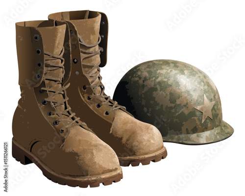 realistic vector of army boots and helmet placed side by side, military tribute symbol on white
