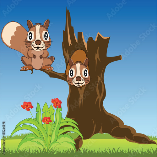 Two squirrels in jack and on tree year daytime