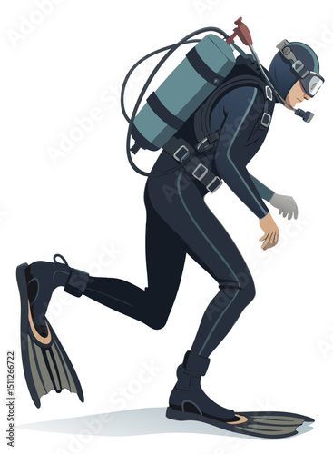underwater combat diver in wet suit with oxygen tank and flippers, side profile vector on white
