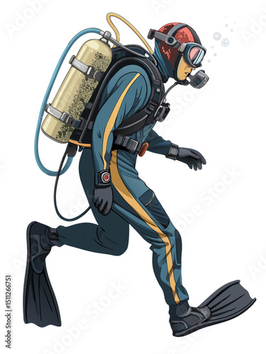 underwater combat diver in wet suit with oxygen tank and flippers, side profile vector on white
