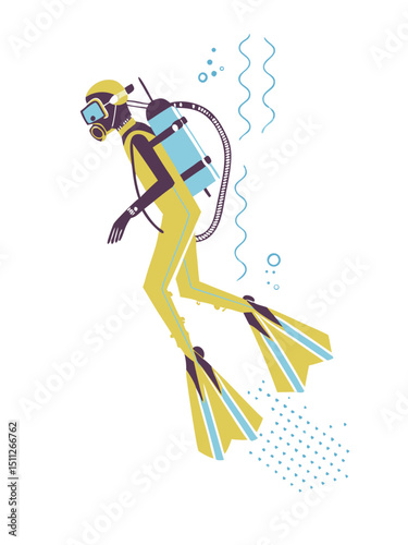 underwater combat diver in wet suit with oxygen tank and flippers, side profile vector on white

