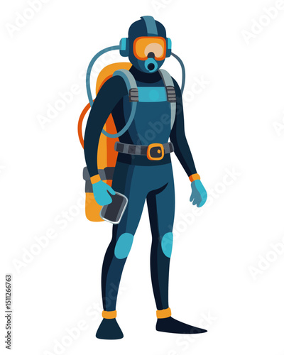 underwater combat diver in wet suit with oxygen tank and flippers, side profile vector on white
