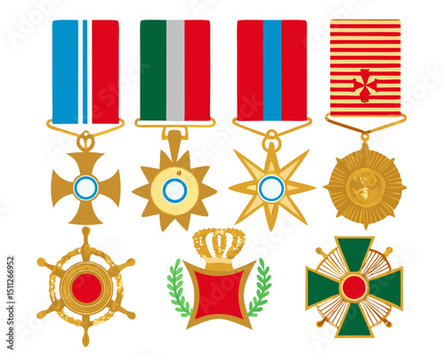 collection of decorated war medals and service ribbons, detailed vector layout, white background
