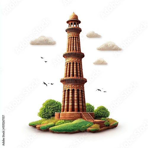 Majestic Qutub Minar, a towering symbol of architectural grandeur, stands proudly against a serene, white backdrop.