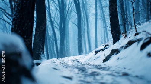 A tranquil winter scene showcasing a snow-covered woodland pathway enveloped by tall, bare trees, creating a peaceful and enchanting blue-toned atmosphere perfect for a picturesque escape into nature photo