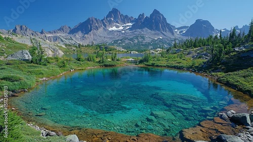 Turquoise lake mirroring jagged mountain peaks