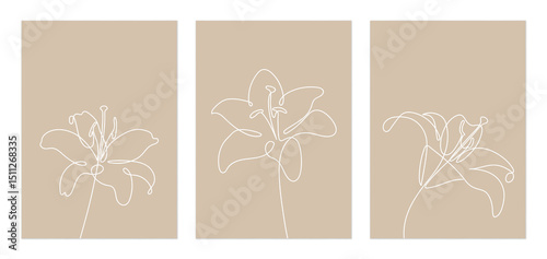 Flower wall art set, minimalist single white line drawing of lily flowers on ...