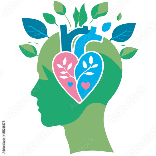 Vector cartoon of a human mind with a heart inside the brain, surrounded by green leaves. Represents emotional balance, mental wellness, and eco-consciousness
