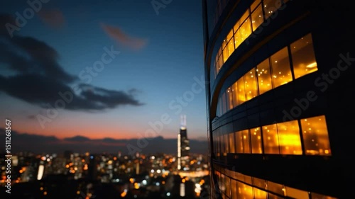 Curved Skyscraper Lit Interior View at Dusk Cityscape against Twilight Sky