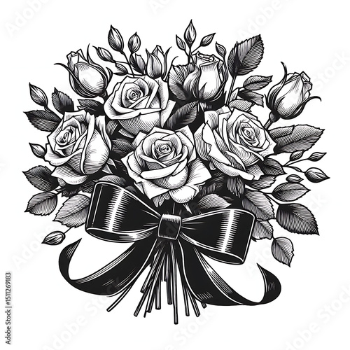 A bouquet of roses tied with a bow. One solid black line . for greeting card design 