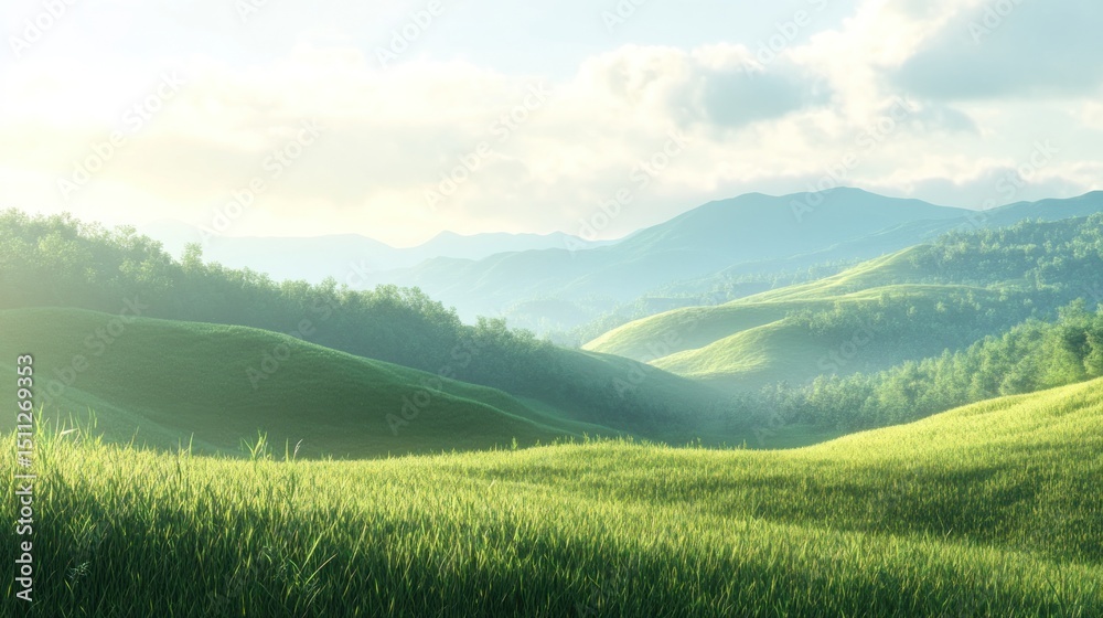 Fototapeta premium Lush green hills under a soft sunrise (1)