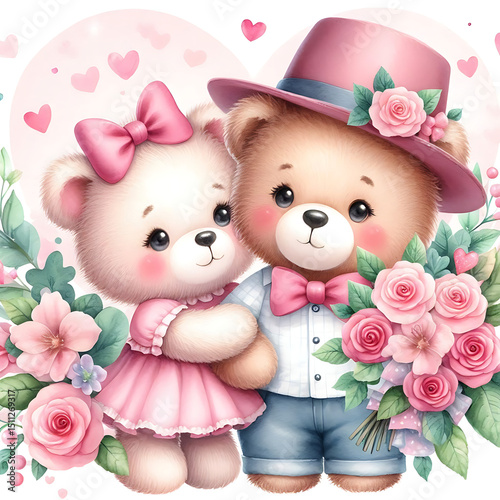Watercolor cute teddy bear couple with pink rose bouquet clipart.Pink teddy bear in love.Romantic valentines day illustration for greeting cards and celebrations.