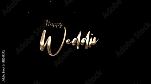 Elegant “Happy Wedding” golden text animation on black background with subtle flower line art. Motion Graphic Footage (Non-Editable Text), Alpha Channel, 4K 3840×2160 @30fps, 9 Seconds.