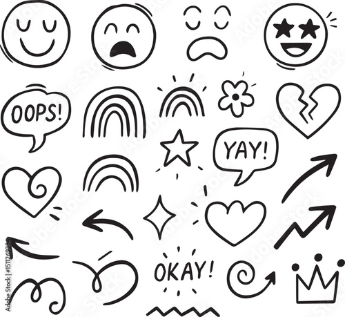 Smile brush hand drawn vector element set. Emoji fun face, heart, crown symbol crayon texture marker background kid sketch style hand drawn element. Color smiley face, arrow. Vector