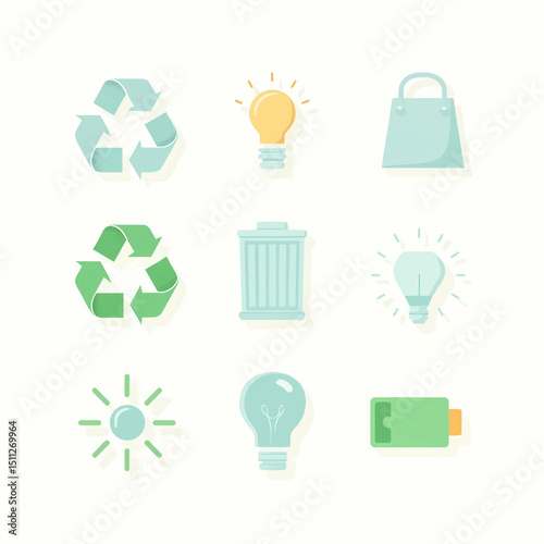 Sustainable Living Icons Recycling, Energy Efficiency, and Eco-Friendly Shopping