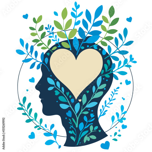Vector cartoon human mind with green plants and heart icons, symbolizing mental health, eco awareness, and emotional harmony. Perfect for sustainability, wellness, and nature-inspired designs.

