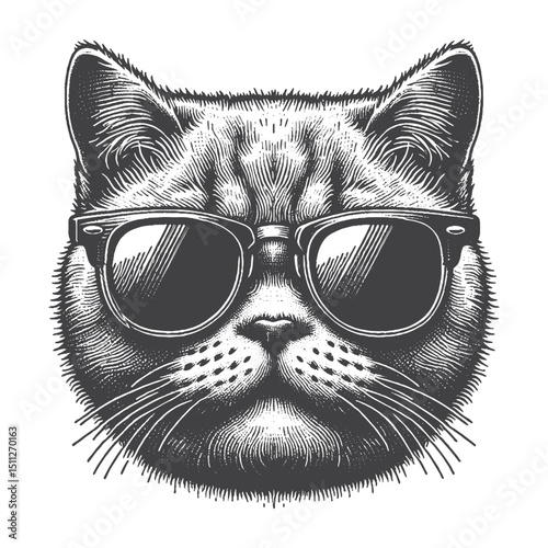 Vintage Hand-Drawn British Shorthair Head with Sunglasses Illustration – Cool Cat Engraved Style Vector for T-Shirts, Posters, Stickers, and Trendy Themes Apparel