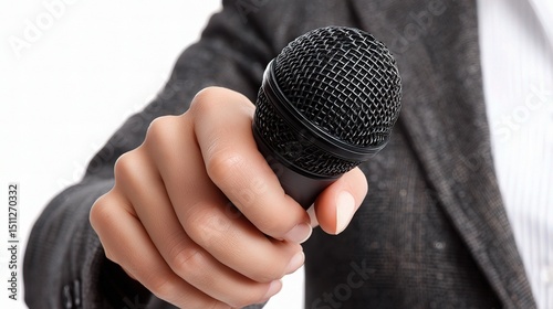Professional Reporter Holding Microphone Against Isolated White Background